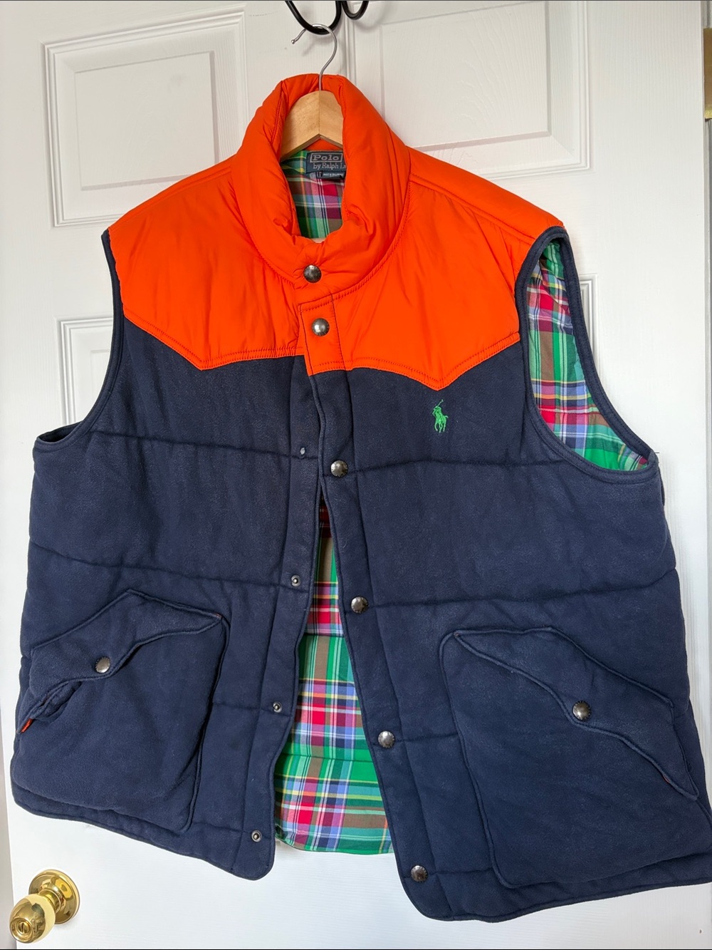 Polo by Ralph Lauren Navy & Orange Quilted Vest with Plaid Lining